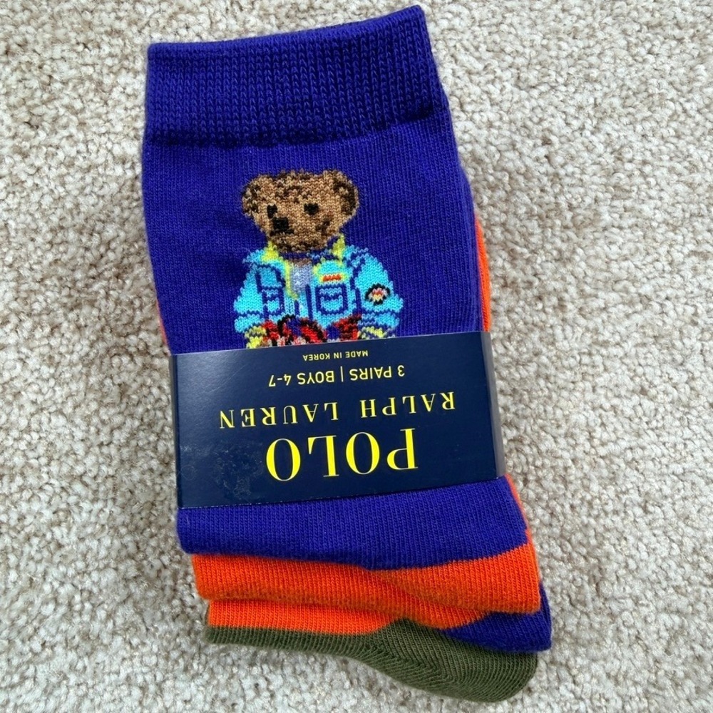 Polo Ralph Lauren Boys 3-Pack Socks Polo Bear Stripes Blue Orange Green 4-7 NEW